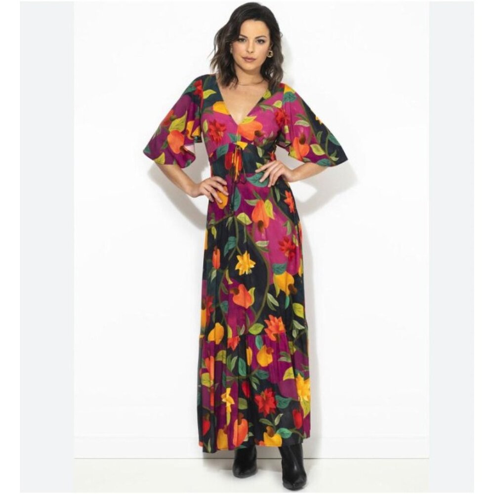 Farm Rio Danca De Caju Dress Womens Medium Multicolor Tropical Short Sleeve Maxi